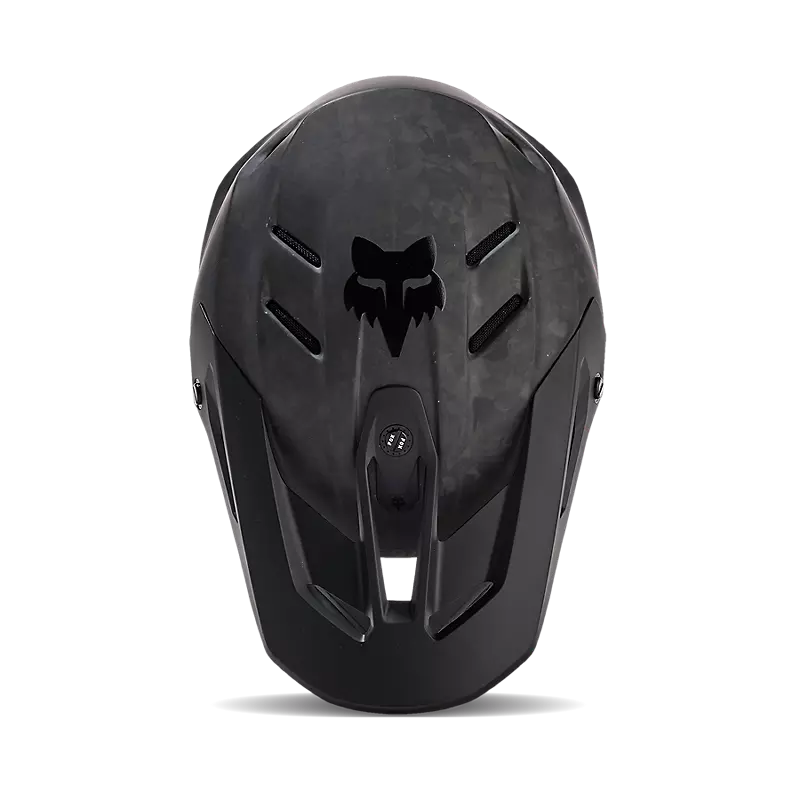 Top view of Fox V3 RS Carbon Helmet — precision vents and matte carbon texture for airflow efficiency