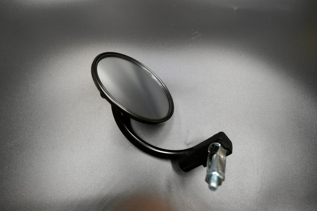 Front angled view of CNC aluminum bar end motorcycle mirror in black anodized finish — minimalist and precise.