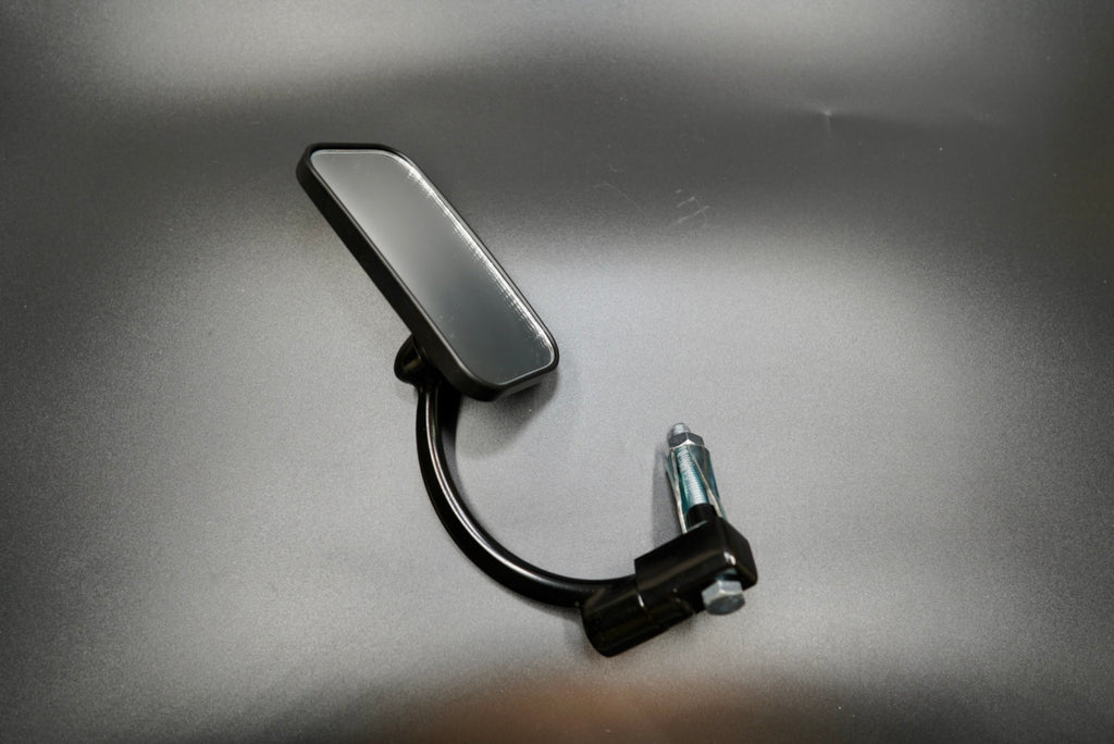 Side angle showing mirror arm curve and expanding bar-end clamp.