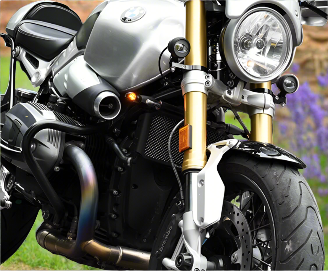 Top view of mini LED turn signal pair with wiring neatly arranged  