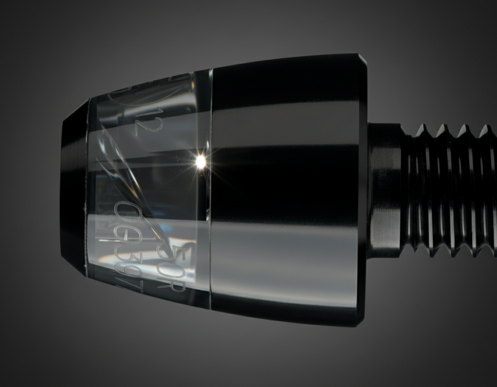 Detailed macro view of mo.blaze pin’s CNC aluminium body and transparent optical glass housing.