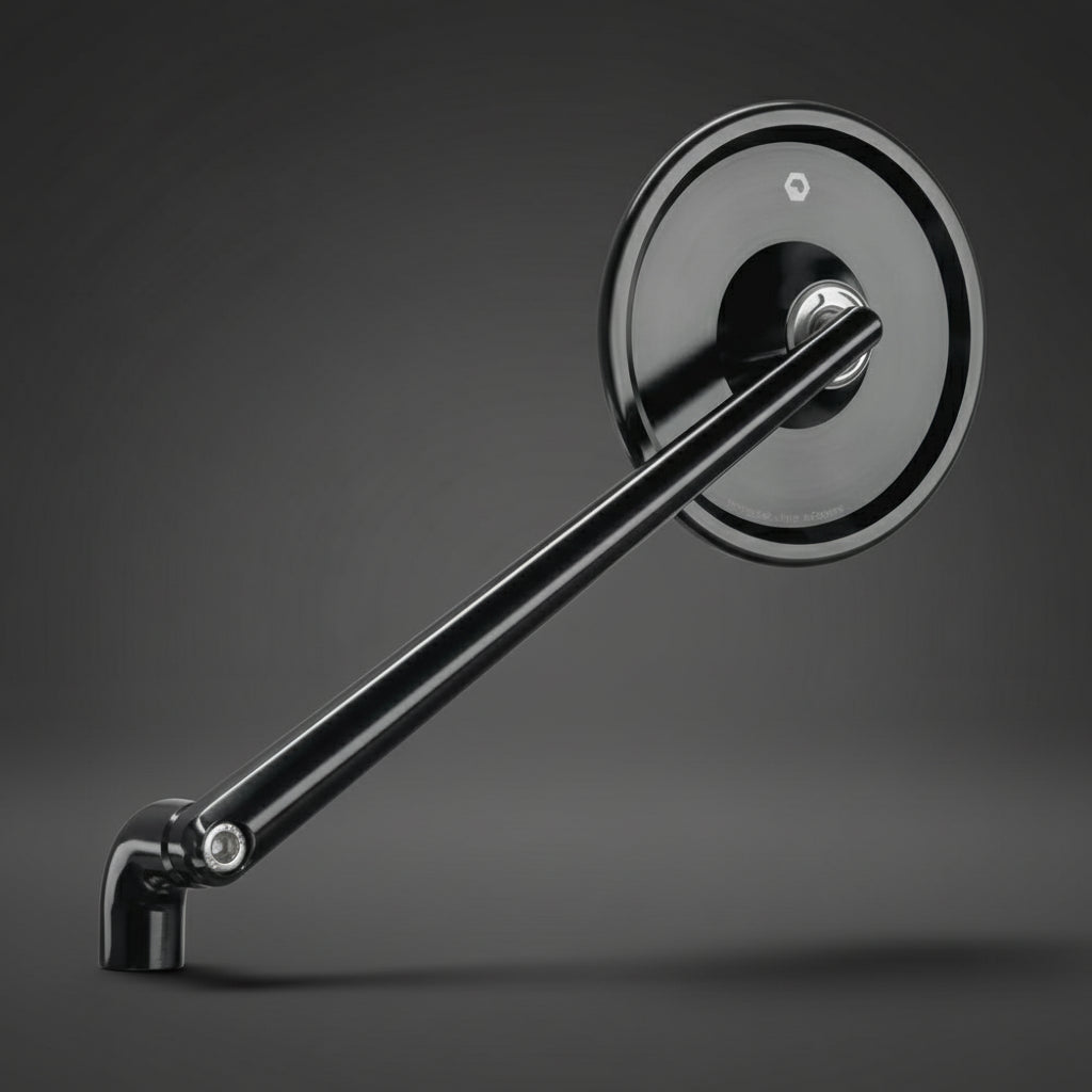 Front angled view of Motogadget mo.view classic mirror — 180 mm arm, CNC-machined aluminium, ECE-approved for road use.