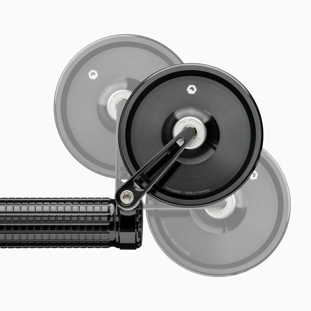 Top view of Motogadget mo.view classic 60 flip mirror — 99 mm round glass, CNC-machined aluminium, adjustable folding arm.