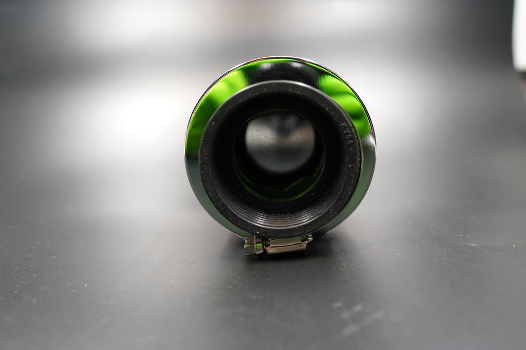 Rear inlet view of chrome air filter showing rubber neck and stainless steel clamp