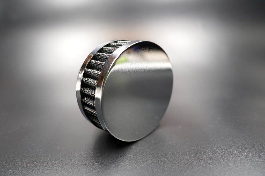 Side angle of retro chrome air filter showing compact 45mm height and polished finish 