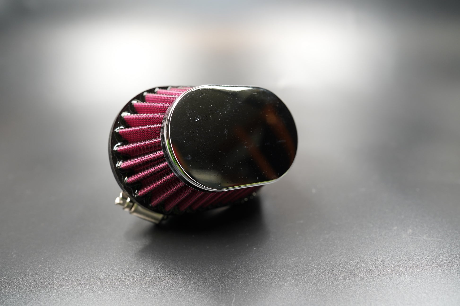 Close-up of pleated filter texture and chrome detailing