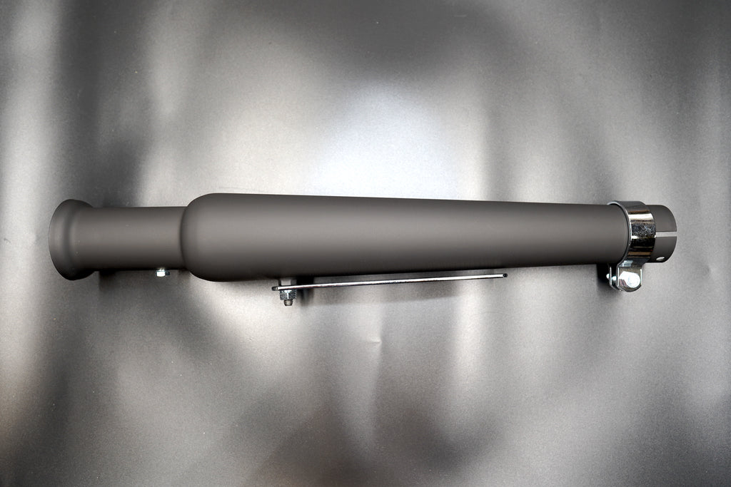 Tapered motorcycle exhaust silencer in matte black finish, side profile view