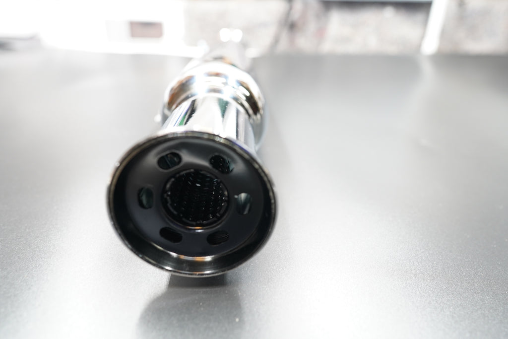 Overall product view showing both finishes and full accessory kit. 