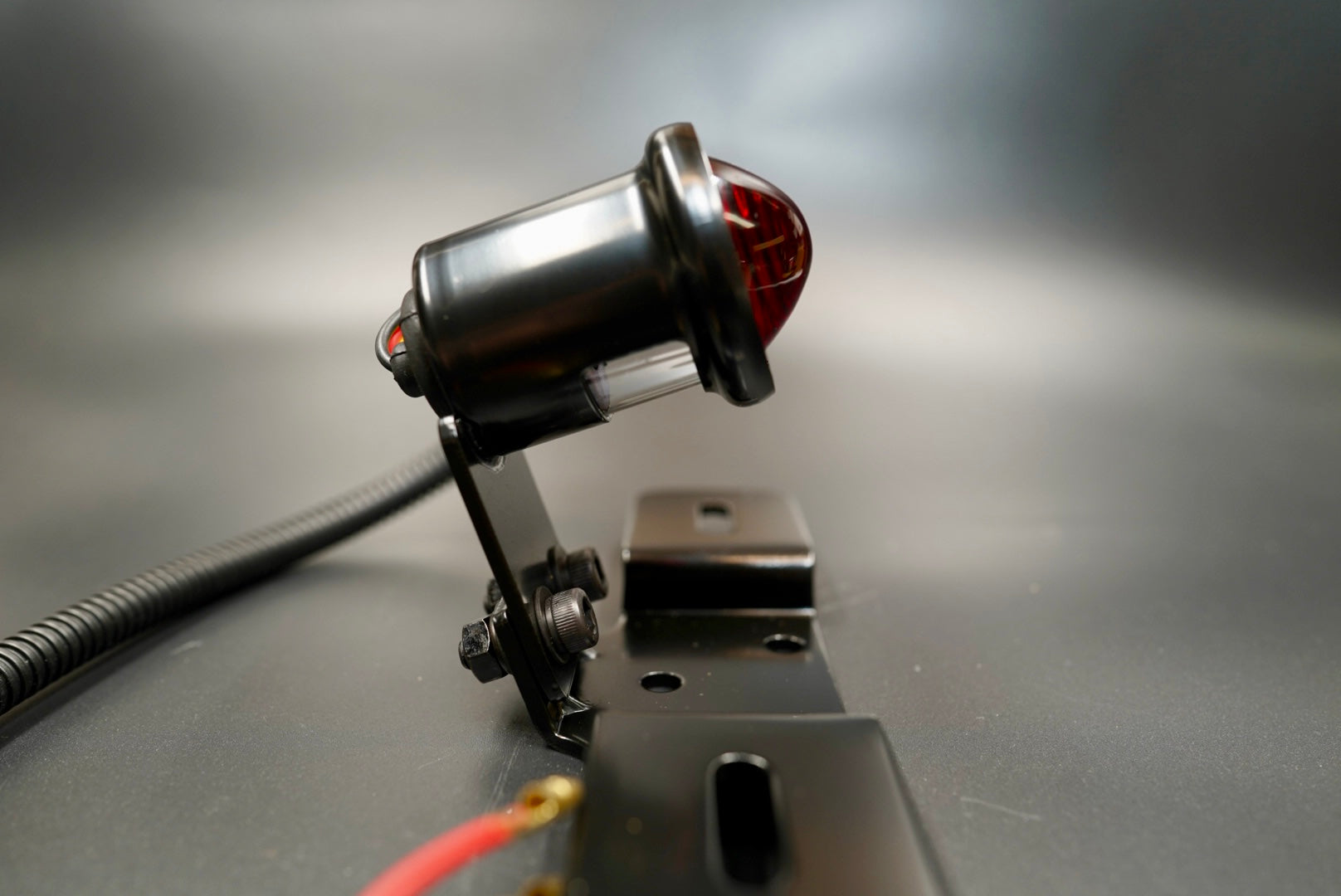 Side view showing adjustable hinged license plate bracket and smoked red lens.