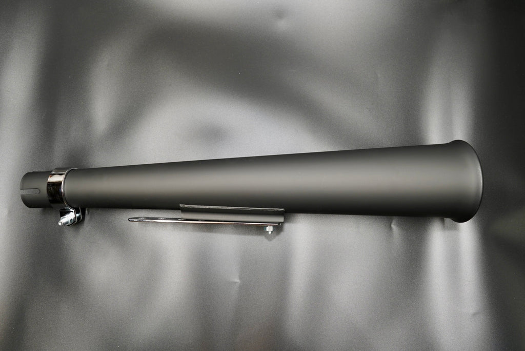 Vintage megaphone exhaust silencer in matte black finish, side profile view.
