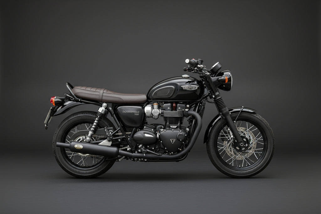 Full side view of Triumph Bonneville T120 fitted with Zard “Bottle” slip-on exhausts — compact handmade Italian silencers.