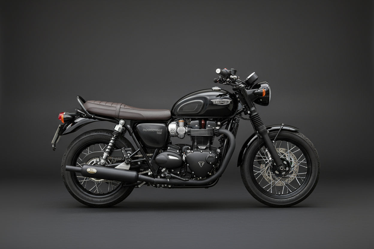 Full side view of Triumph Bonneville T120 fitted with Zard “Bottle” slip-on exhausts — compact handmade Italian silencers.