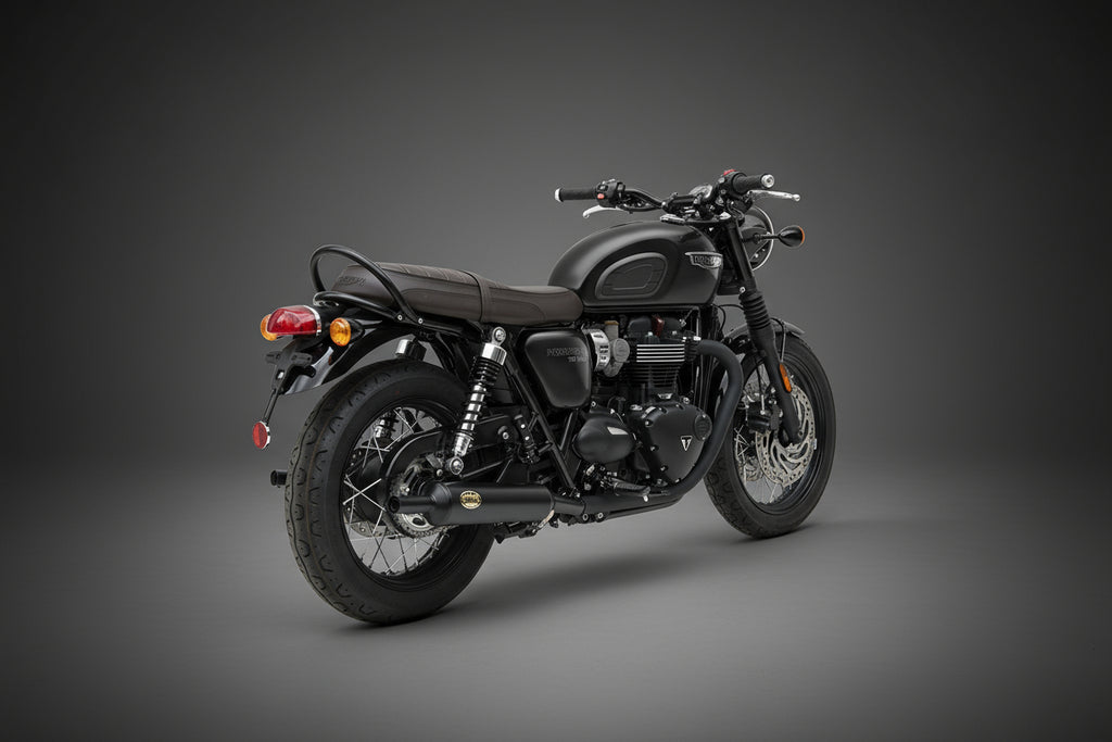 Right side view of Triumph Bonneville T120 with Zard “Bottle” silencers — shorter tail line, refined British twin sound.