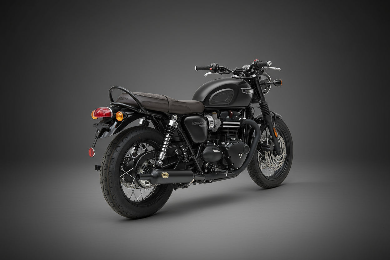 Right side view of Triumph Bonneville T120 with Zard “Bottle” silencers — shorter tail line, refined British twin sound.